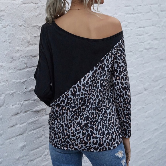 black Leopard print off shoulder long sleeve top - Picture 7 of 15